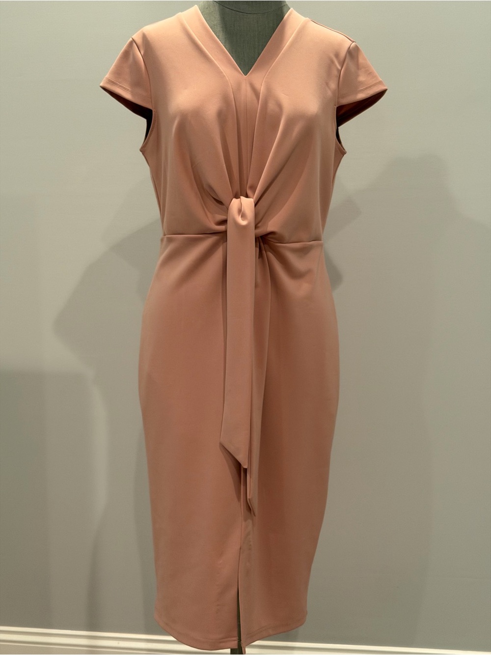 Grace Karin Blush Pink V-Neck Cap Sleeve Tie Front Midi Dress Size L